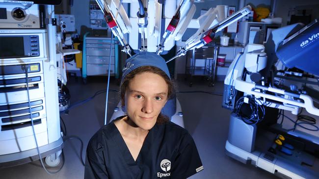 Five years ago Freyja Christiansen became the first child in the world to have robotic surgery to remove tumours from her neck at the Epworth in Melbourne. Picture: David Caird