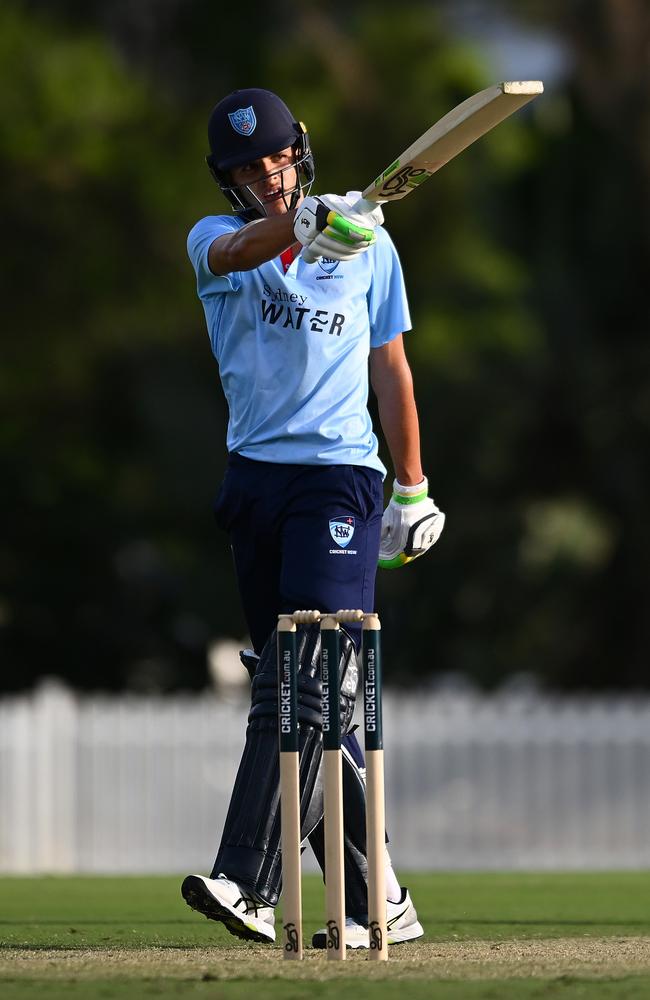 Sam Konstas celebrates his maiden One Day Cup century. Picture: Getty Images