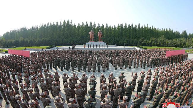 State-released image of military medical field officers of the Korean People's Army going to supply medicines in response to the country’s Covid-19 outbreak. Picture: Supplied