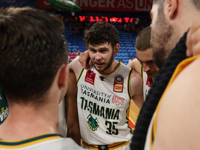 Clint Steindl of the JackJumpers addresses the team after winning the round 17 NBL match between the Perth Wildcats and the Tasmania JackJumpers at RAC Arena on March 24, 2022, in Perth, Australia. Picture: Paul Kane/Getty Images