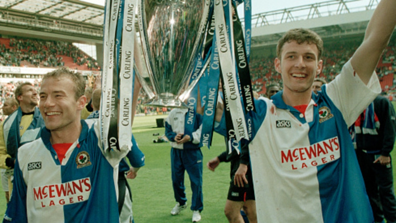Blackburn Rovers strikers Chris Sutton and Alan Shearer with the Premier League trophy.