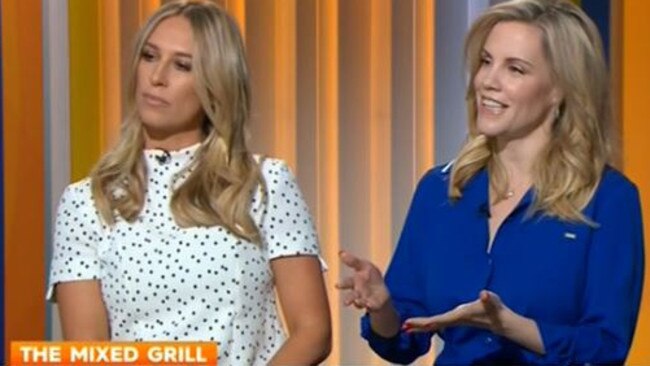 Phoebe Burgess and Sarrah Le Marquand discussing the role of stay at home parents versus working parents on Today’s The Mixed Grill. (Pic: Channel 9)