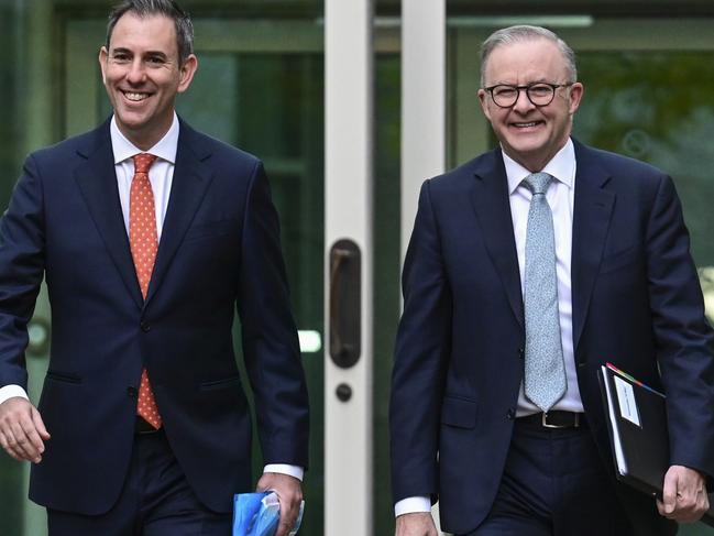 CANBERRA, AUSTRALIA - MAY 10: Prime Minister Anthony Albanese and Treasurer Jim Chalmers arrive for media interviews at Parliament House in Canberra. Picture: NCA NewsWire / Martin Ollman