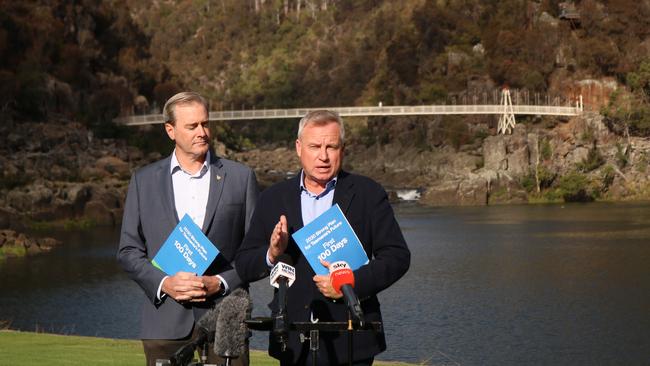 Premier Jeremy Rockliff and Deputy Premier Michael Ferguson release the Liberals First 100 Days plan at the Cataract Gorge in Launceston. Picture: Stephanie Dalton