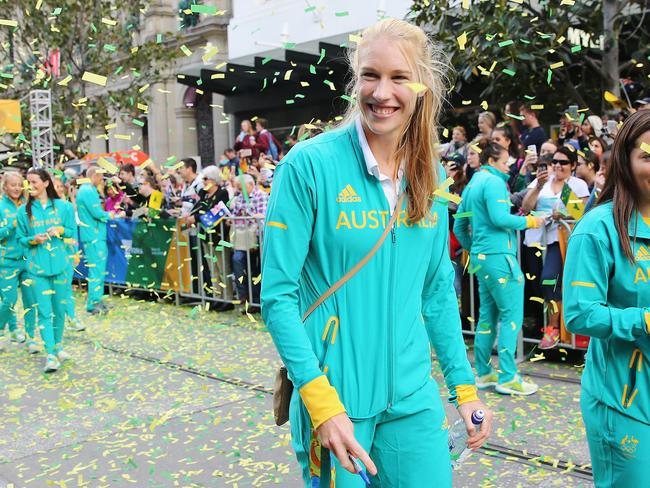 MELBOURNE, AUSTRALIA - AUGUST 31: Gold medallist Kim Brennan walks the parade during the Australian Olympic Team Melbourne Welcome Home Celebration at Bourke Street on August 31, 2016 in Melbourne, Australia. (Photo by Michael Dodge/Getty Images)