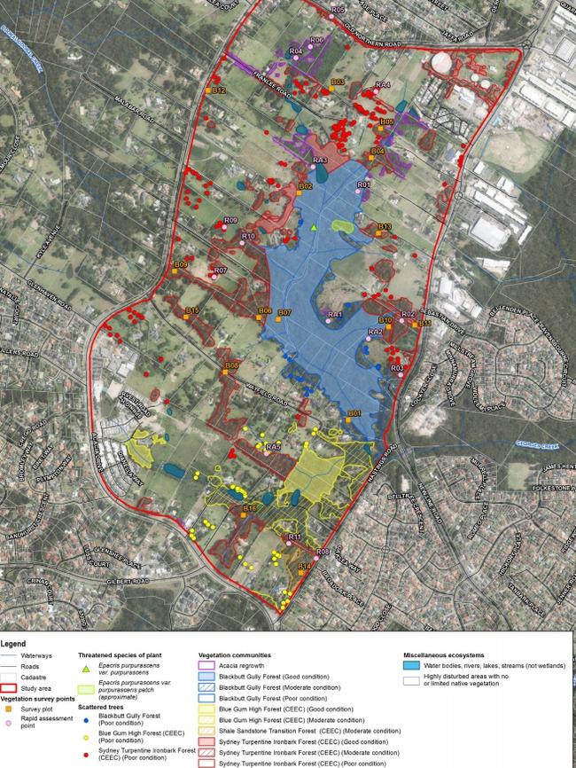 The South Dural development proposal area with sections of native forest highlited.