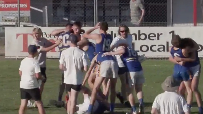 Lincoln South players celebrate after the siren. Picture: Port Lincoln Football League