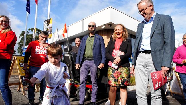 Meeting a young karate star. Picture: NCA NewsWire / Luis Ascui