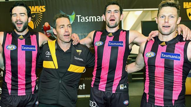 Clarkson celebrated players including Jordan Lewis, Luke Hodge and Sam Mitchell with songs. Picture: Getty