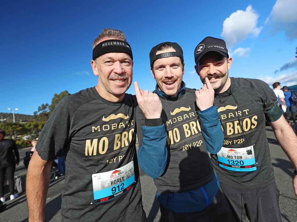 Mo Bros' Tommy Windsor (centre) checking out some serious mo's grown by Mark Hore (left) and Nick Murton at the 2019 Point to Pinnacle. Picture: LUKE BOWDEN