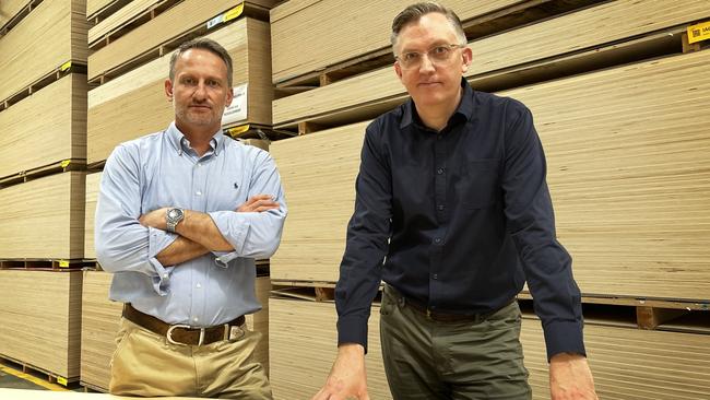 Joint CEOs of Austral Plywoods, Scott Matthews (left) and Stuart Matthews, at their plywood facility in Brisbane.