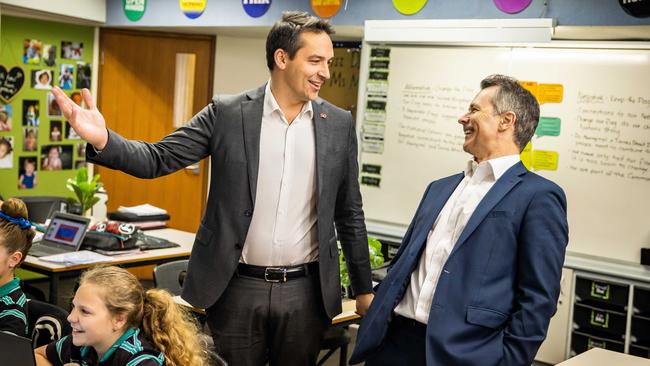 SA Education Minister Blair Boyer and Federal Education Minister Jason Clare visiting Westport Primary School, in Adelaide, in 2022. Picture: Tom Huntley