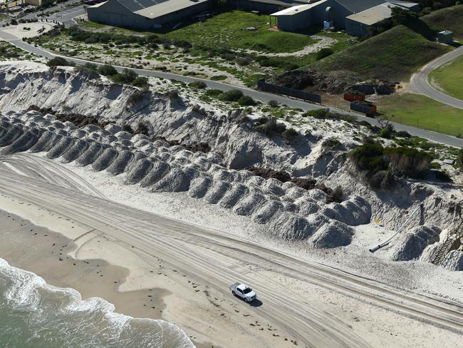 BEFORE — JUNE 15: An aerial view of West Beach, near the Adelaide Shores Caravan Park, with dumped beach sand to replenish the eroded foreshore. Picture: Tait Schmaal.