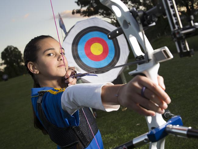 Liverpool Leader - Evangeline El-Azzi (9, pictured) is a member of Liverpool City Archers club.  Evangeline is competing in a state archery competition later this month having shown strong potential in the sport.  Photographs taken at the club, Helles Park, Helles Avenue, Moorebank NSW Australia