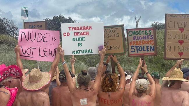 Naturists have held a rally at Tyagarah Beach near Byron Bay on Sunday to save its clothing optional status. Picture: Sam Stolz