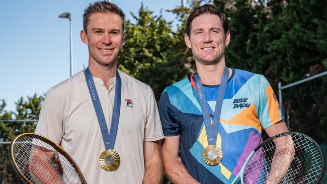 COVER STORY FOR V WEEKEND - do not run before Dec 14, 2024241128:PERTH;Matthew Ebden (blue shirt) with doubles partner John Peers at the Sorrento Tennis Club in Western Australia. Picture: Tony McDonough