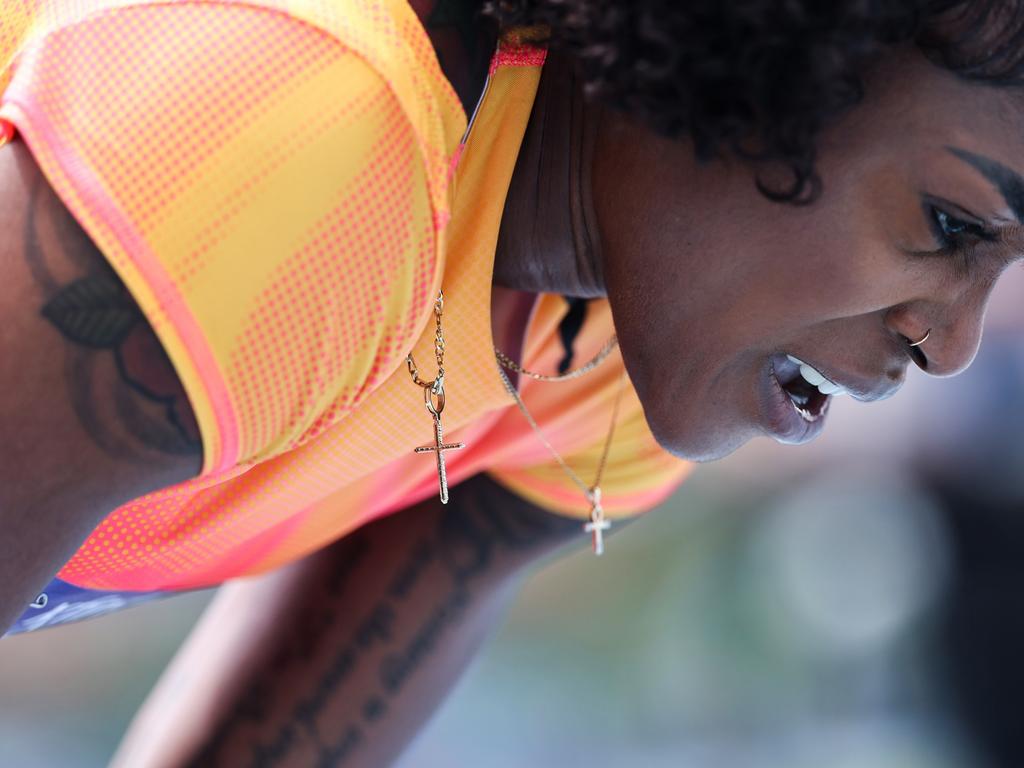 Thompson-Herah after competing in the 100m at the 2024 USATF NYC Grand Prix on June 9. (Photo by Dustin Satloff/Getty Images)