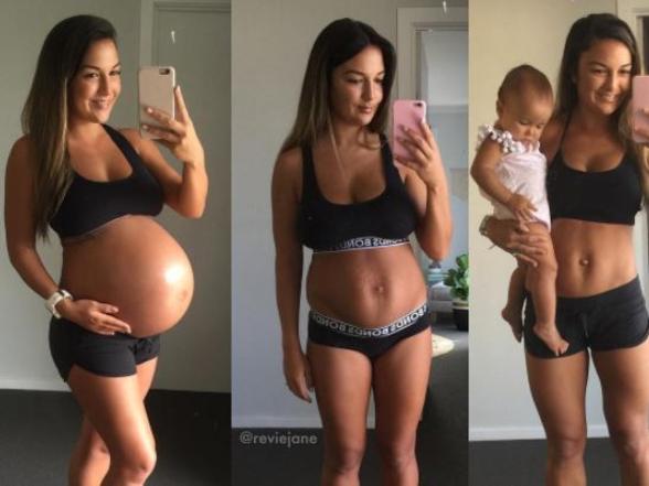 Revie's candid Instagram post shows her body one month post-partum (middle picture). Picture: Instagram