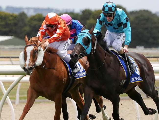 BALLARAT, AUSTRALIA - NOVEMBER 23: Jockey Ben Melham riding Euphoric Summer (left) wins Race 4, Magic Millions 2YO Clockwise Classic from Jockey Mark Zahra riding Rathlin during Melbourne Racing at Ballarat Turf Club on November 23, 2019 in Ballarat, Australia. (Photo by George Salpigtidis/Getty Images)