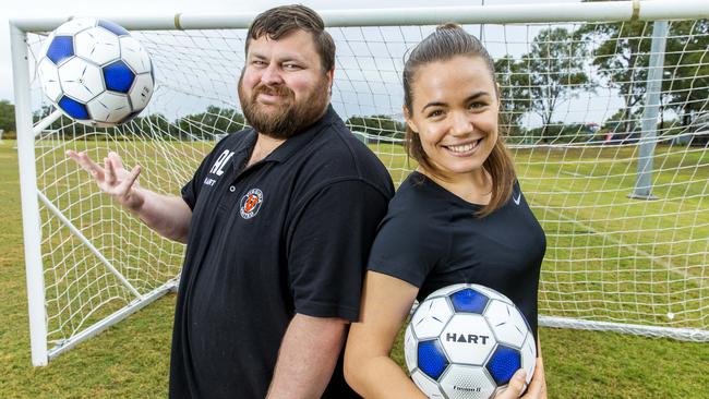 Anthony Costa and Anna Mehel are promoting Walking Football at Virginia United Football Club. Picture: AAP/Richard Walker