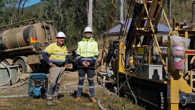 Dart Mining managing director James Chirnside with a driller employee at the company’s goldmining site near Gladstone, Queensland.
