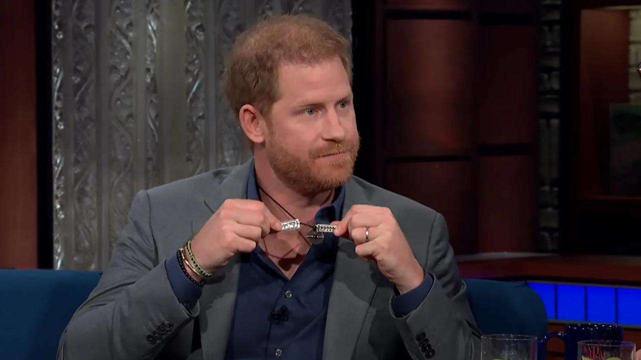 Prince Harry shows off a broken necklace on The Late Show with Stephen Colbert. Picture: CBS