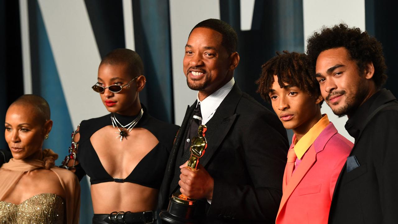 Famous family: Will Smith at last year’s Oscars with (L-R) wife Jada, daughter Willow, sons Jaden and Trey. Picture: AFP