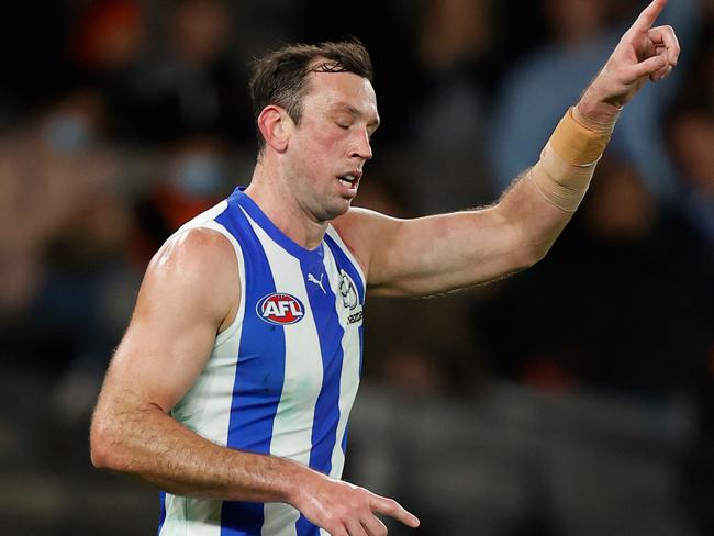 MELBOURNE, AUSTRALIA - JUNE 12: Todd Goldstein of the Kangaroos celebrates a goal during the 2022 AFL Round 13 match between the North Melbourne Kangaroos and the GWS Giants at Marvel Stadium on June 12, 2022 in Melbourne, Australia. (Photo by Michael Willson/AFL Photos via Getty Images)