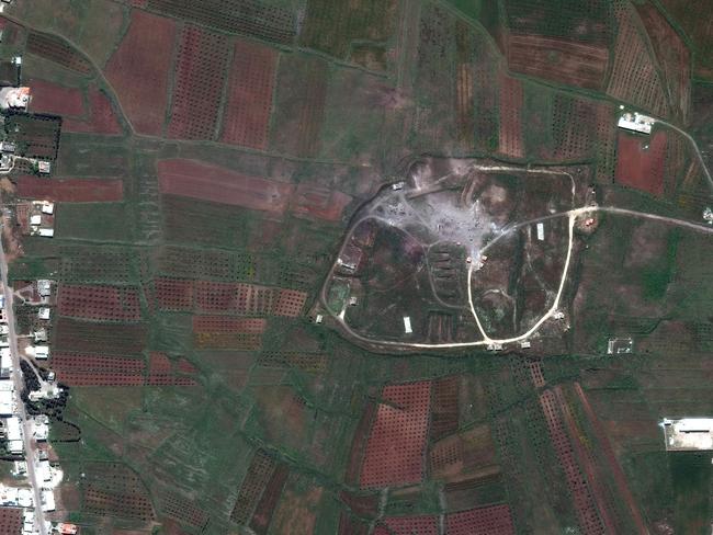 This satellite image provided by DigitalGlobe shows the Him Shinshar Chemical Weapons Storage Facility in Syria on Saturday, April 14, 2018, following a U.S.-led allied missile attack. U.S., French and British warplanes and ships launched more than 100 missiles nearly unopposed by Syrian air defenses early Saturday. (Satellite Image Â©2018 DigitalGlobe via AP)  THE DIGITALGLOBE WATERMARK MAY NOT BE REMOVED