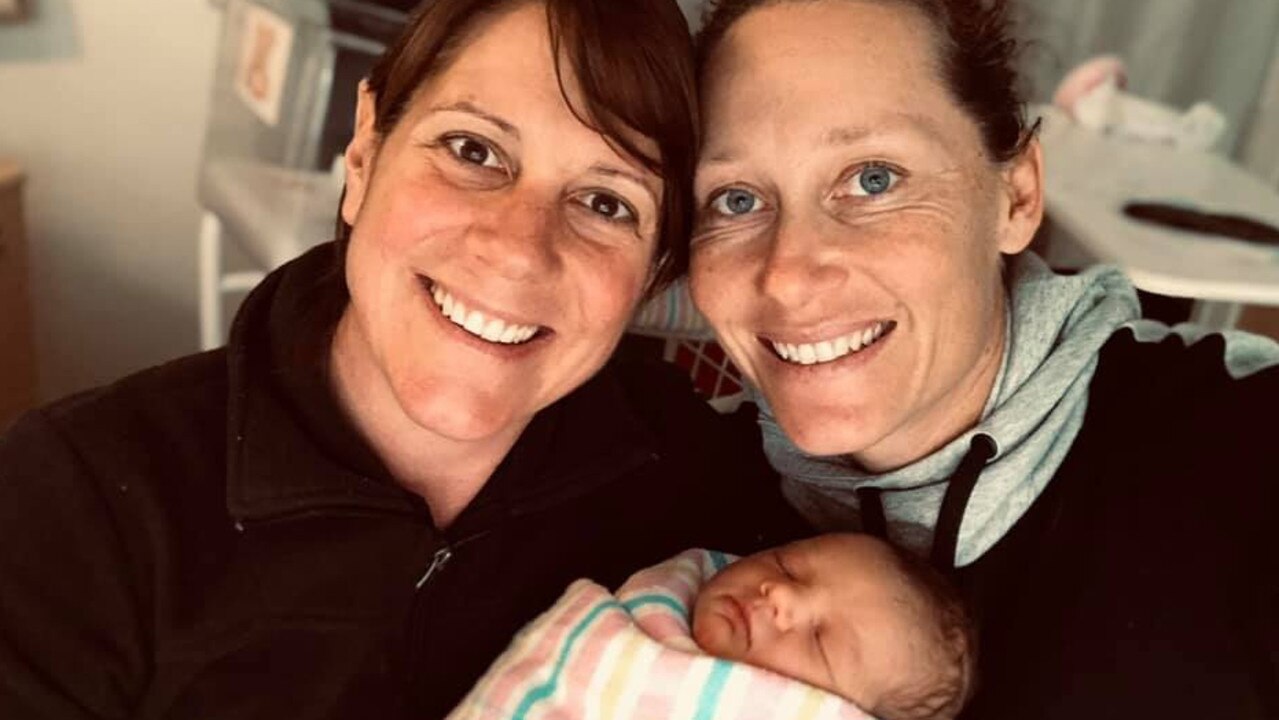 Sam Stosur (right) and her partner, Liz, welcomed daughter Evie into the world in June 2020. Picture: Supplied