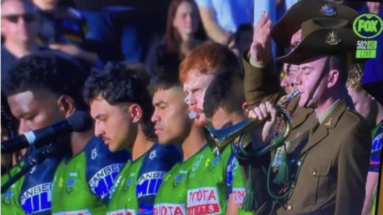 Raiders forward Corey Horsburgh blows a bubble during the pre-game ceremony in Penrith. Pic: Fox League