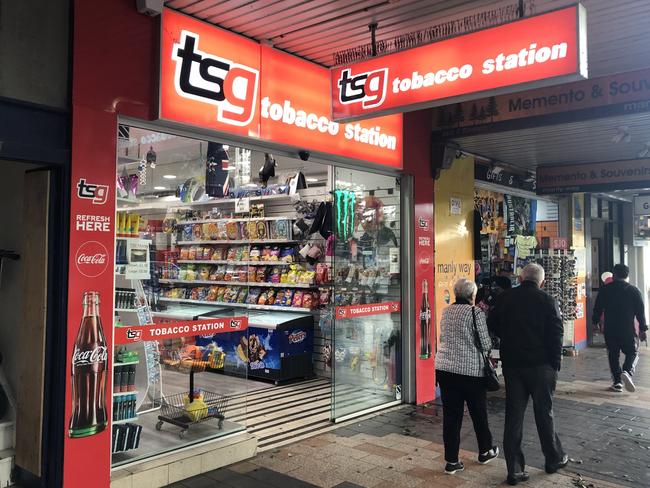 The TSG tobacco station outlet on The Corso at Manly was convicted in Manly Local Court on Tuesday of selling 101 illegal vaping devices, or e-cigarettes, containing liquid nicotine. Picture: Jim O'Rourke