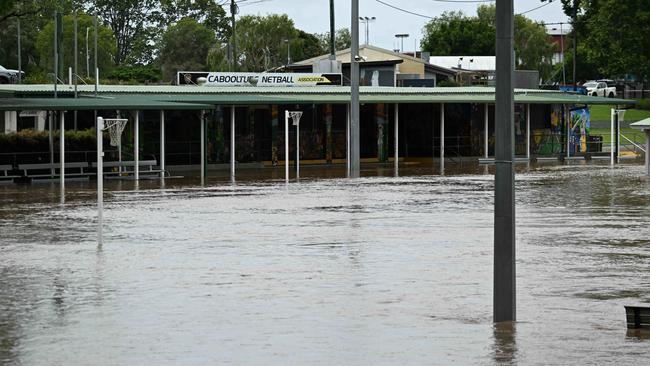 Flood waters at the local Caboolture net ball grounds after flooding rains fell in the area at Caboolture pic: Lyndon Mechielsen/Courier Mail