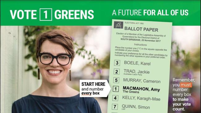 Amy MacMahon will preference Deputy Premier Jackie Trad second on their South Brisbane how-to-vote card.