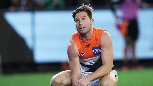 A dejected Toby Greene after last year’s semi-final loss to Collingwood at the MCG. Picture: Phil Hillyard