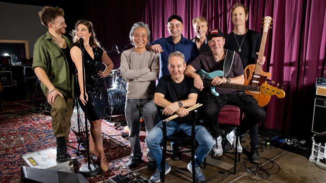 Rolling Thunder Vietnam leads Cristian Charisiou and Brittanie Shipway (left) with the John Farnhams band – Chong Lim, Bret Garside, Anguss Burchall and Craig Newman – at rehearsal. Picture: Jason Edwards