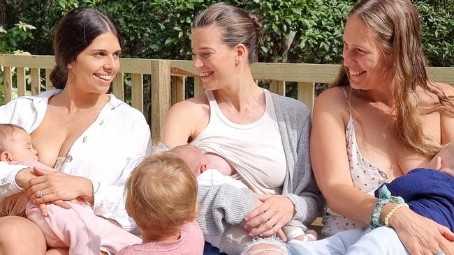 Gold Coast mums Stephanie Ruzic, Shannon Laverty and Aliesha Fry will join about 50 other women inside Pacific Fair to breastfeed their babies in protest after one mum was told to "move on" by a female concierge while breastfeeding her young son. Picture: Supplied.