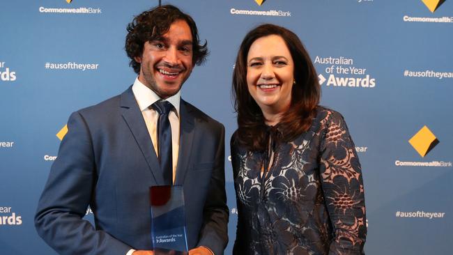 Queensland Australian of the Year winner Johnathan Thurston with Premier Annastacia Palaszczuk at the Queensland Australian of the Year awards night in 2017. Picture: AAP/Jono Searle