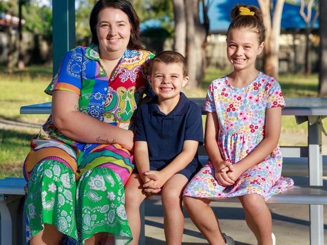 Queensland mother Cathryn Bugden with her children Ava, 9, and Austin, 6. Picture: Steve Vit