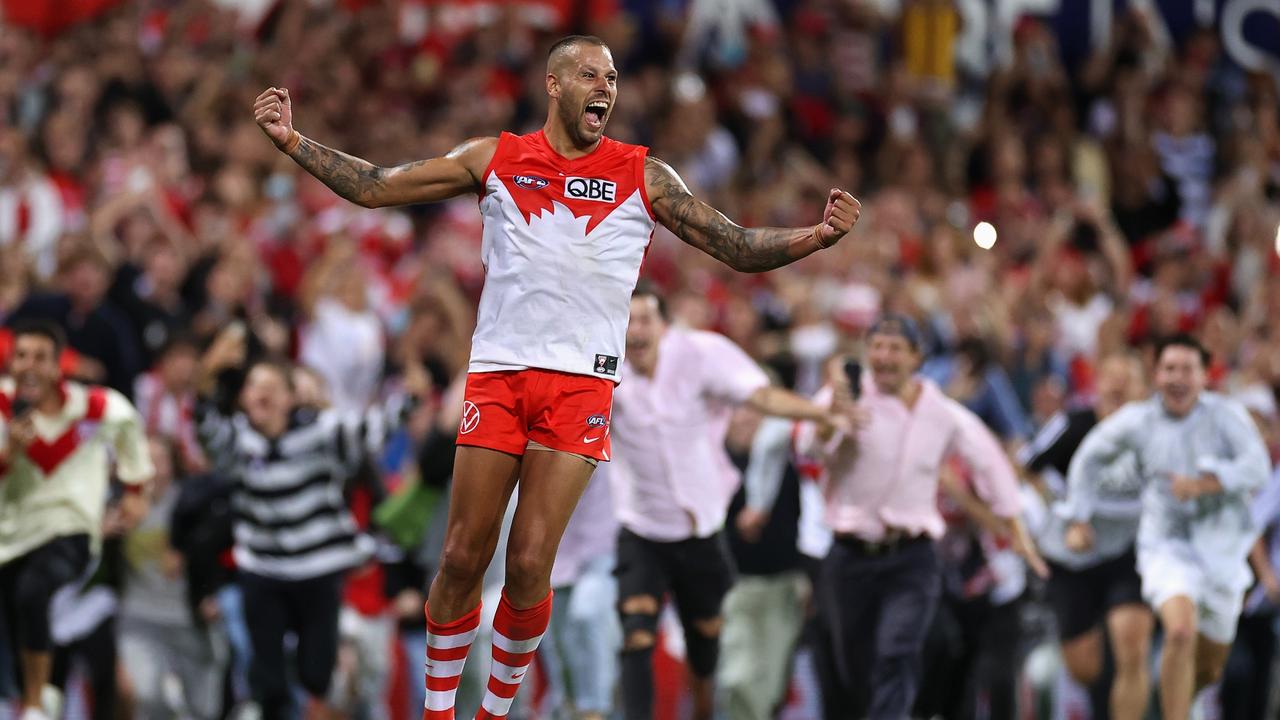 Lance Franklin after kicking goal 1000. Picture: Getty Images