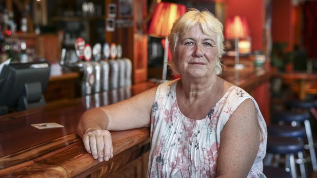 Former pokie addict Sharon Hollamby at The Governor Hindmarsh Hotel. AAP image/MIKE BURTON