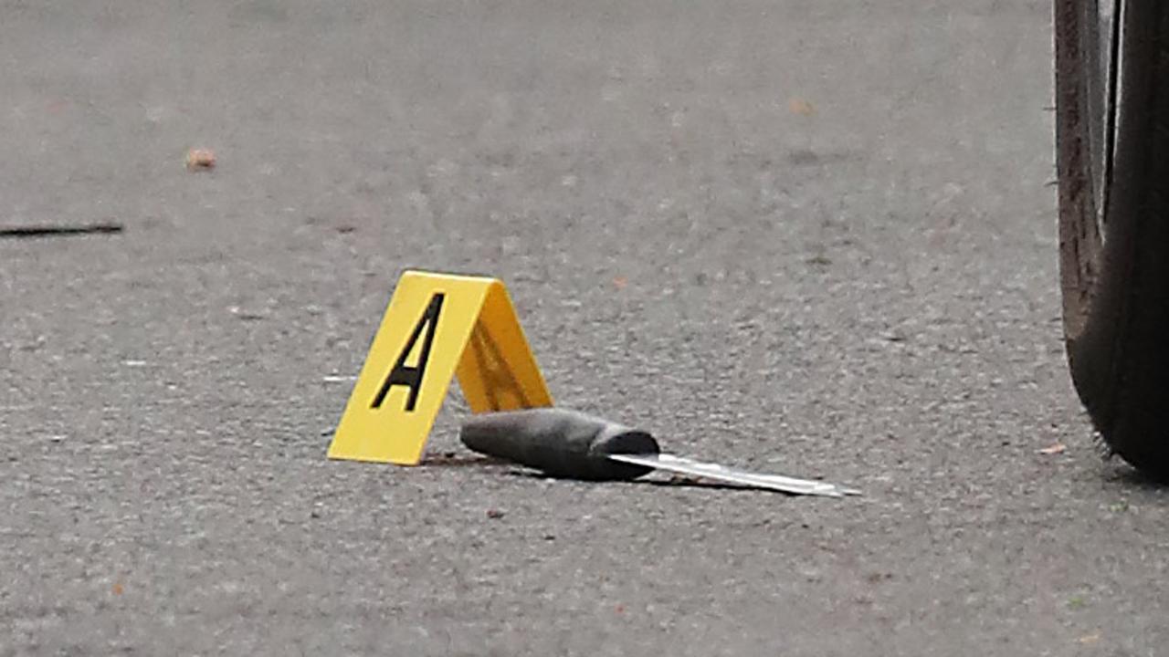 A knife at the scene. Police at the scene of a shooting in Mary Street in the Brisbane CBD. Pic Peter Wallis