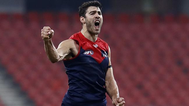 Christian Petracca of the Demons celebrates a goal.