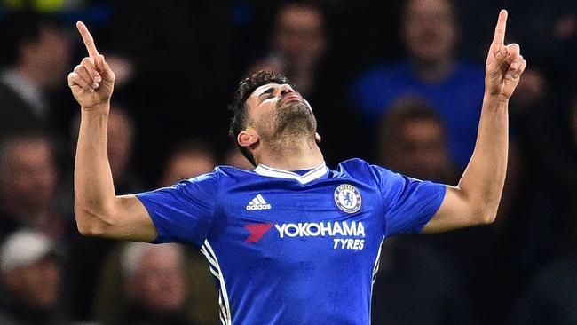 Diego Costa celebrates scoring against Southampton.