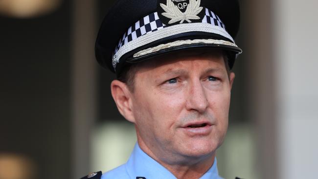 Acting Deputy Commissioner Mark Wheeler talks to media outside the Fortitude Valley Train Station. Picture Lachie Millard
