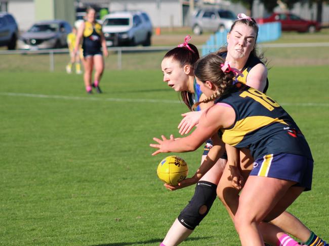SFLW Community League - Action from Sorell v St Virgils during the annual Pink Sock-Carolyn Birch Memorial Match. Picture: Jake Garland