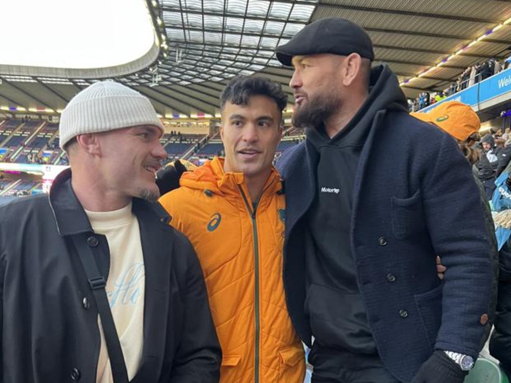 Angus Crichton with former teammates Wallaby Joseph-Aukuso Suaalii and Jared Waerea-Hargreaves.