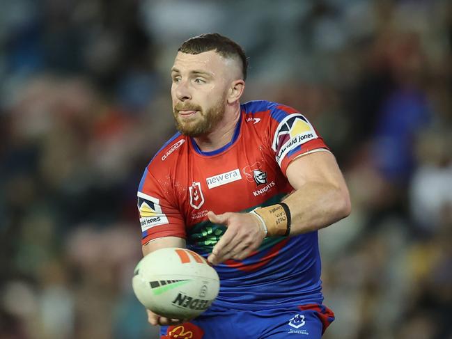 NEWCASTLE, AUSTRALIA - MAY 28: Jackson Hastings of the Knights with the ballduring the round 13 NRL match between Newcastle Knights and Manly Sea Eagles at McDonald Jones Stadium on May 28, 2023 in Newcastle, Australia. (Photo by Scott Gardiner/Getty Images)