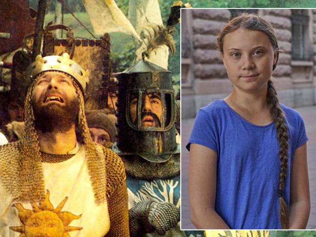 Monty Python's Holy Grail, and (inset) pig-tailed climate soothsayer Greta Thunberg