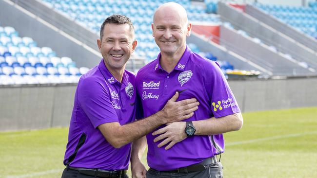 Hobart Hurricanes’ new coach Jeff Vaughan )right) with cricket legend Ricky Ponting. Hobart. Photograph Eddie Safarik